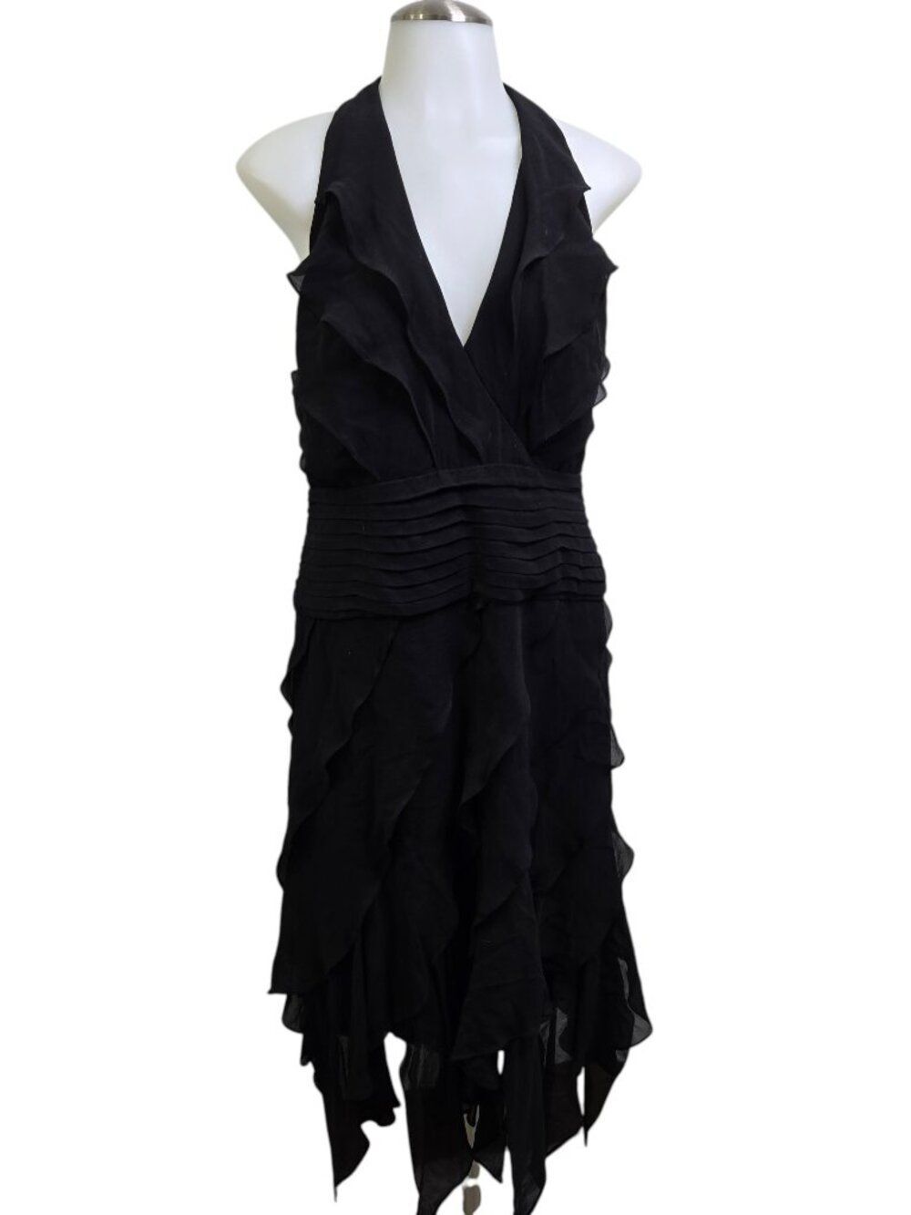 Tadashi Shoji Dress 6 Silk Black Tiered Ruffles Layered Halter Waterfall